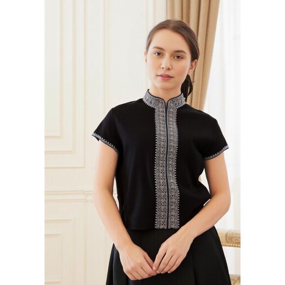 Embroidered Black & Silver Vintage Mandurian Collar Top Size M - Picture 8 of 10